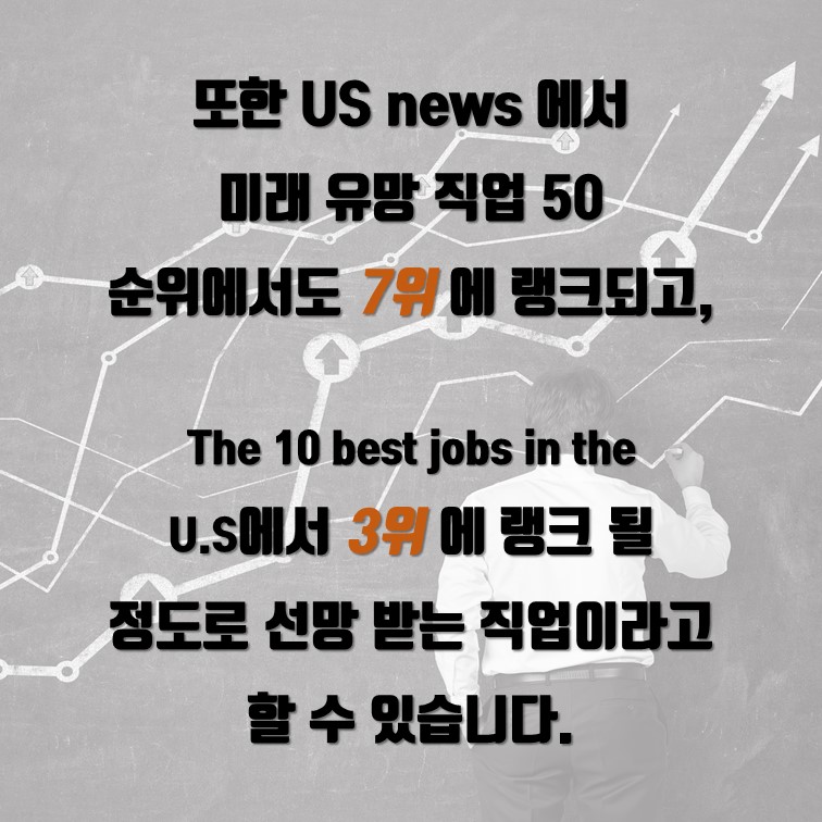 또한 US news 에서  미래 유망 직업 50 순위에서도 7위 에 랭크되고,  The 10 best jobs in the U.S에서 3위 에 랭크 될 정도로 선망 받는 직업이라고 할 수 있습니다.
